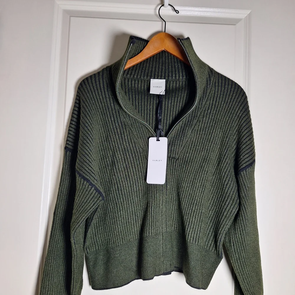 NWT Varley Olive Ribbed Zip Through Rib Knit Sweater Preppy Athleisure Size L